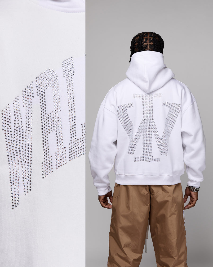 Premium “Stone” Oversized Hoodie (White/Rhinestone) [Boxy + Heavy]