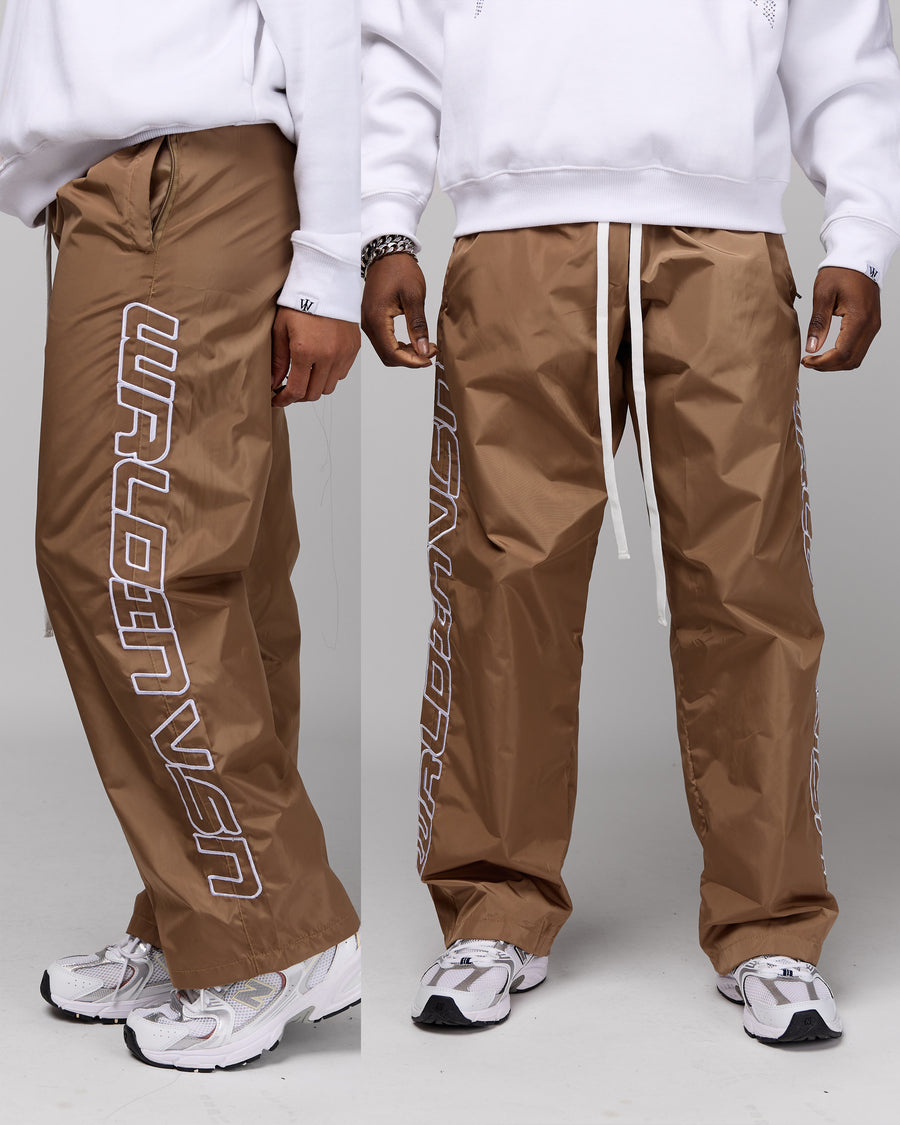 Retro Relaxed-Fit Nylon Pants (Latte/White Stitching)