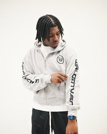 Retro Cropped Zip-Up Hoodie (Heather Grey/Black) [Boxy + Oversized]