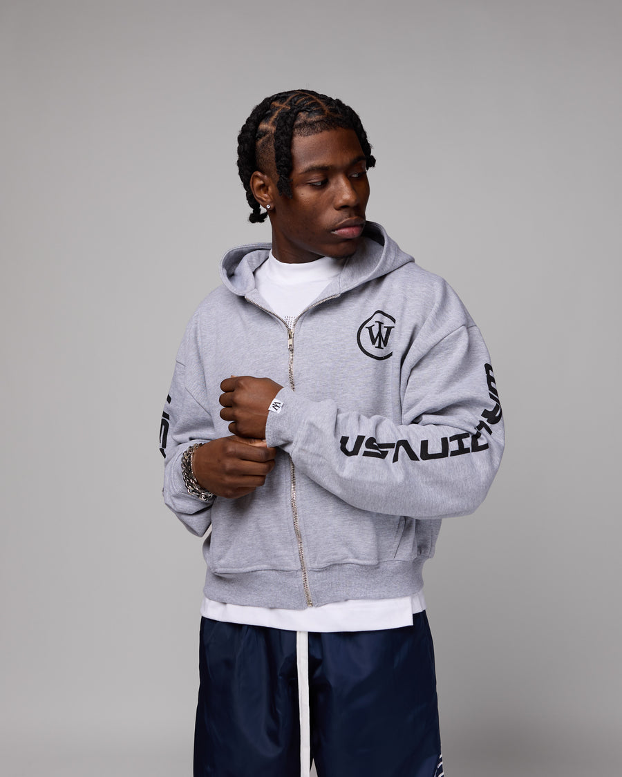 Retro Cropped Zip-Up Hoodie (Heather Grey/Black) [Boxy + Oversized]