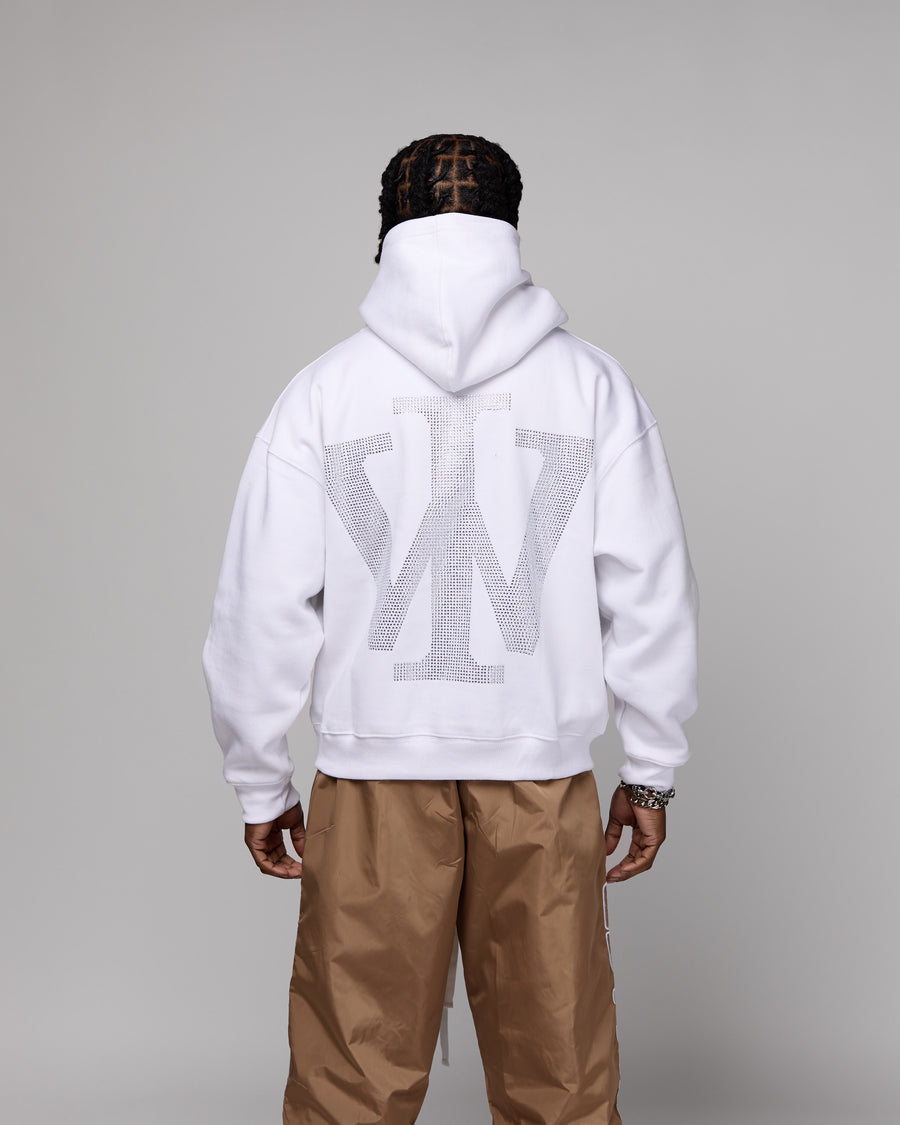 Premium “Stone” Oversized Hoodie (White/Rhinestone) [Boxy + Heavy]